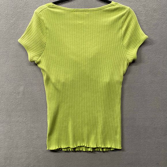 Vtg Y2K 00s Babydoll Jersey Knit Ruched Lace V Neck Lettuce Hem Top 1X LimeGreen - Picture 2 of 9